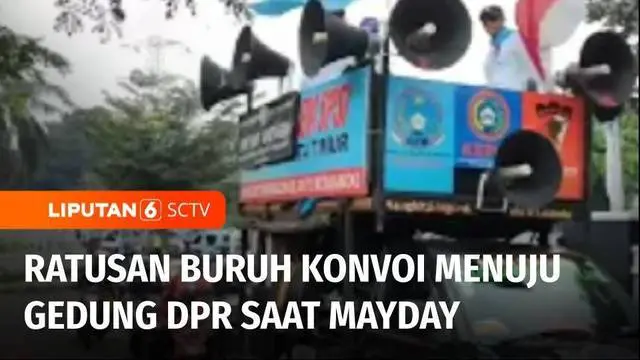 Memperingati Hari Buruh sedunia, ratusan buruh di Kawasan Industri Pulogadung, Jakarta Timur, berkonvoi menuju Gedung DPR RI. Tidak hanya di depan Gedung DPR, aksi para buruh juga digelar di sekitaran Patung Kuda, Jakarta Pusat.