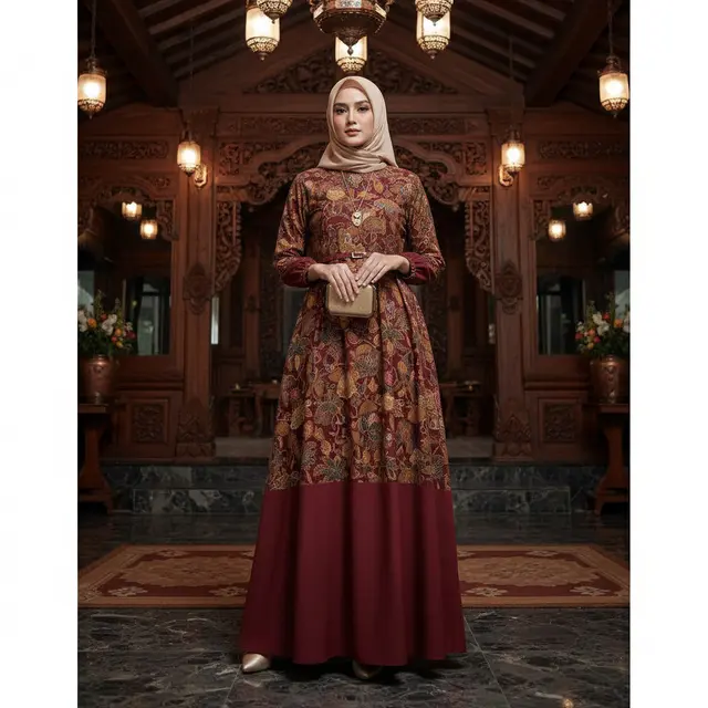 Model Gamis Kombinasi Atas Batik Bawah Polos (Foto: Gemini AI)