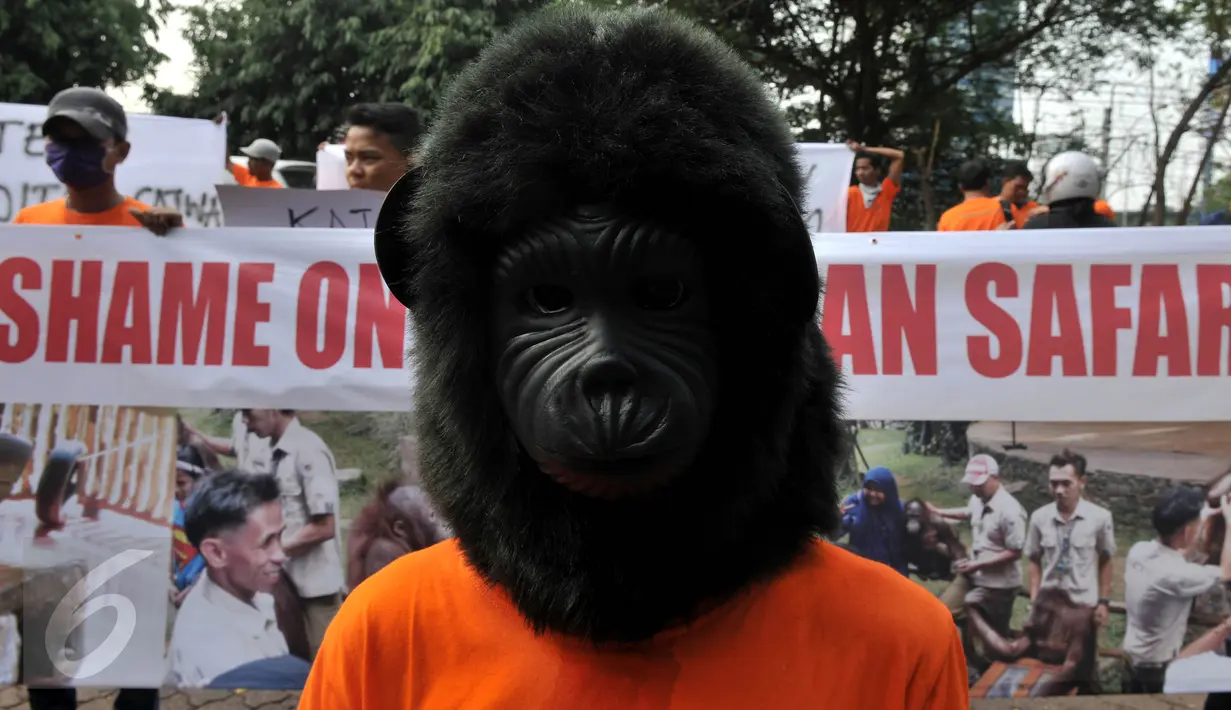 Peserta aksi memakai topeng orang utan di depan Kementrian Lingkungan Hidup dan Kehutanan (LHK), Jakarta, Jumat (2/10). Mereka mendesak Menteri LHK untuk stop eksploitasi orang utan di Taman Safari. (Liputan6.com/Johan Tallo)