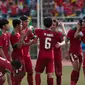 Reaksi pemainTimnas Indonesia U-19 saat gagal memastikan langkah ke babak Final Piala AFF U-18 Myanmar, Kamis (7/9/2017) (AFP Photo/Ye Aung THU)