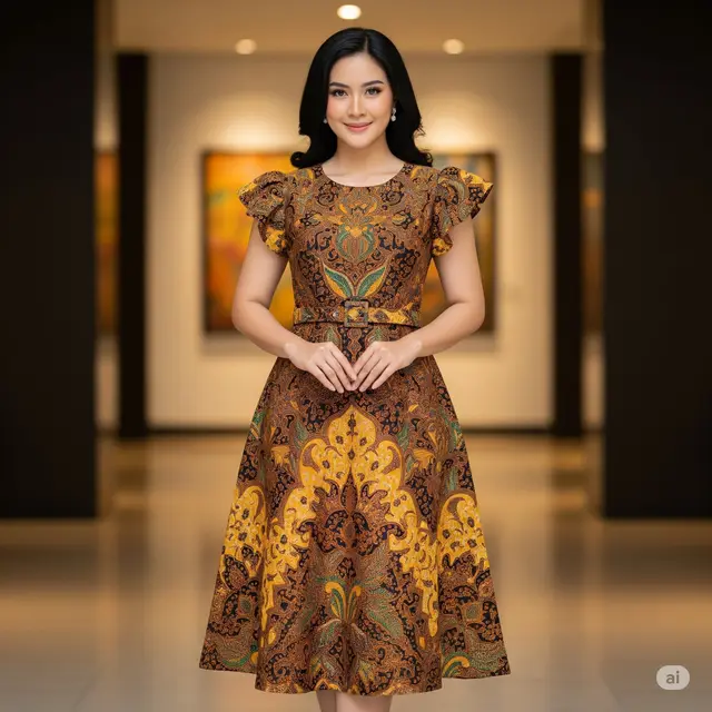 Dress Midi A-Line Belted dengan Lengan Ruffle