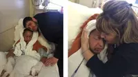 Luka bakar di wajah termasuk mengenai mata Leor Domatov usai menjajal rokok elektronik awal April lalu mendapat pelukan dari ayah dan ibunya. (Foto: NY Daily News)
