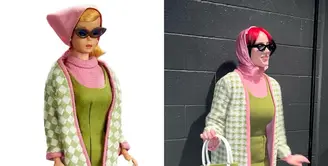 Untuk menyempurnakan penampilannya di atas panggung, Billie Eilish turut berdandan ala boneka Barbie. Kali ini, ia tampil ala Poodle Parade Barbie edisi terbatas tahun 1965. [@billieeilish/@andrewmukamal]