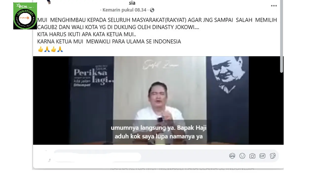 Tangkapan layar klaim MUI mengimbau masyarakat untuk tidak memilih calon kepala daerah yang didukung Jokowi