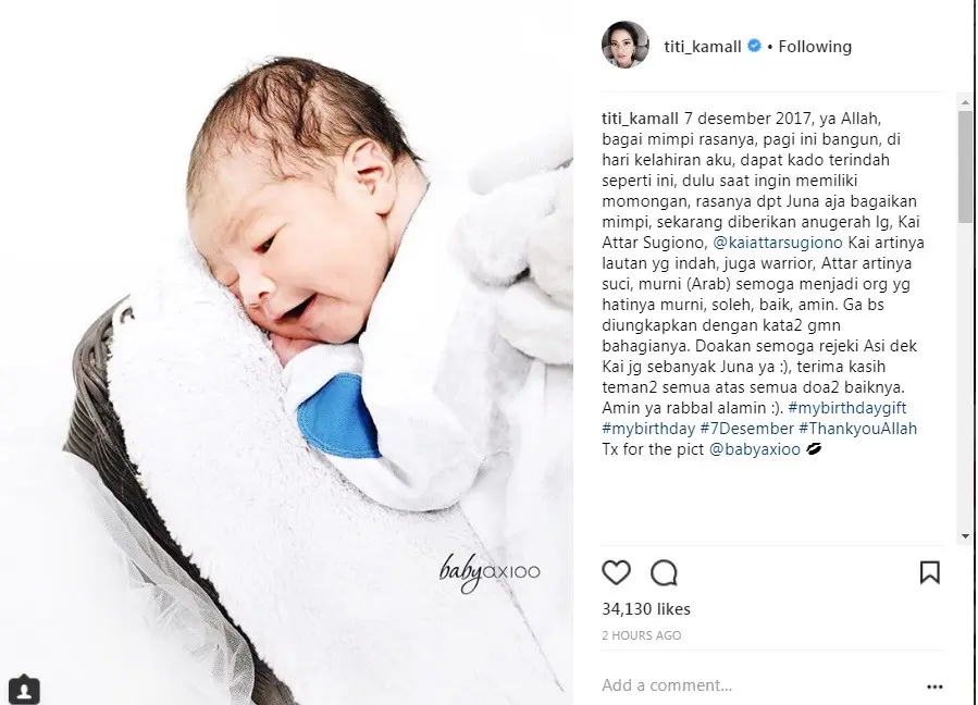 Titi Kamal umumkan nama anak dan artinya (Foto: Instagram)