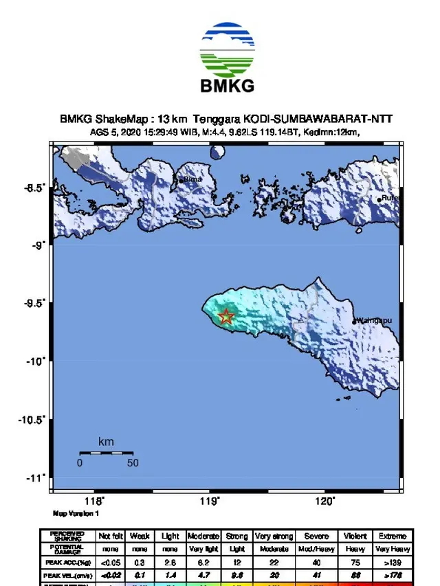 Pulau Sumba Diguncang 2 Kali Gempa, Rabu (5/8/2020). (Foto: Liputan6.com/BMKG)