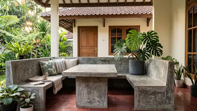 Ide Teras Rumah dengan Meja Semen dan Tanaman Monstera