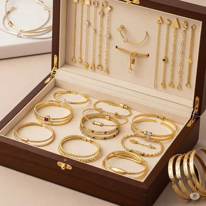 Ilustrasi kotak perhiasan yang berisi koleksi gelang emas.