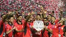 Pemain Bahrain bersorak merayakan kemenangan pada PSSI Anniversary 2018 di Stadion Pakansari, Kab Bogor, Kamis (3/5). Bahrain menjadi juara setelah mengemas tujuh poin dari empat laga. (Liputan6.com/Helmi Fithriansyah)