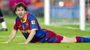 Reaksi penyerang Barcelona Lionel Messi dalam laga kontra Mallorca di Nou Camp, 3 Oktober 2010 ,yang berakhir 1-1. AFP PHOTO/JOSEP LAGO