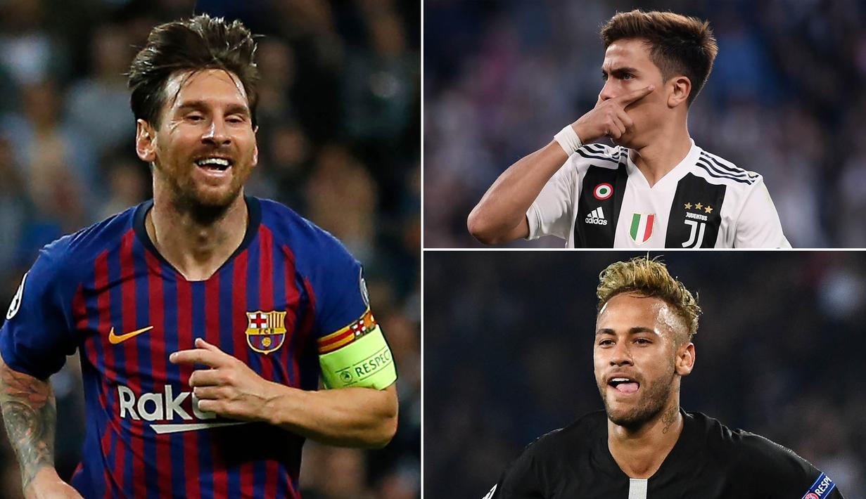 Bintang Barcelona, Lionel Messi, masih menjadi pimpinan sementara pencetak gol terbanyak Liga Champions dengan torehan lima gol. Berikut daftar top scorer Liga Champions hingga matchday kedua. (Kolase foto-foto AFP)