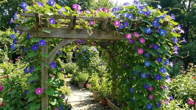 Ilustrasi Morning Glory (Bunga Telang) di Pergola/Gemini AI