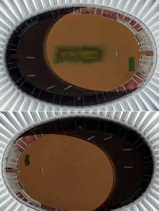 Kombinasi gambar yang dibuat pada 7 Mei 2024 ini menunjukkan pemandangan udara dari stadion Beira-Rio tim sepak bola Brasil Internacional yang banjir di Porto Alegre, negara bagian Rio Grande do Sul, Brasil, pada 6 Mei 2024 (atas) dan pada tanggal 7 Mei 2024. (Renan MATTOS and Anselmo Cunha / various sources / AFP)