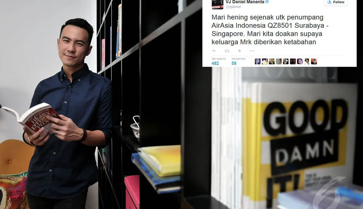 VJ Daniel Mananta di akun @vjdaniel mengajak follower-nya, "Mari hening sejenak utk penumpang AirAsia Indonesia QZ8501 Surabaya - Singapore. Mari kita doakan supaya keluarga Mrk diberikan ketabahan". (Liputan6.com/Johan Tallo)