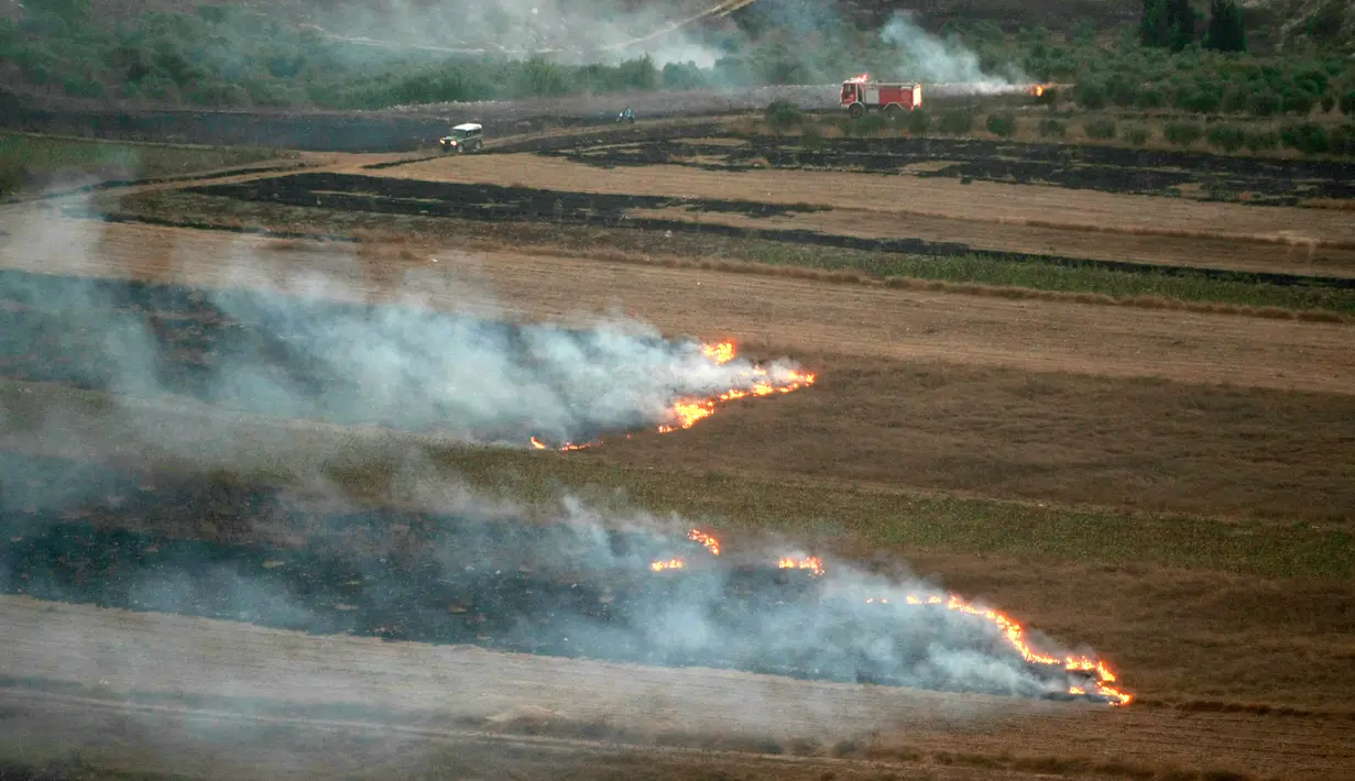 Api membakar lahan setelah serangan artileri berat Israel di desa perbatasan Maroun Al-Ras, Lebanon, Minggu (1/9/2019). Ketegangan antara Israel dan Lebanon meningkat dalam beberapa hari terakhir. (AP Photo/Mohammed Zaatari)