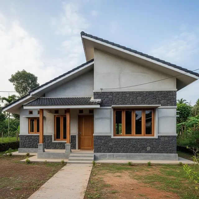 Contoh Rumah Desa Kombinasi Batu Alam dan Semen Ekspos (Image by Gemini AI)