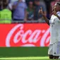 Pemain depan Real Madrid Rodrygo berselebrasi setelah mencetak gol kedua timnya dalam pertandingan Liga Spanyol melawan Real Betis di stadion Santiago Bernabeu, Sabtu, 3 September 2022. Real Madrid menang 2-1.&nbsp;(Thomas COEX / AFP)
