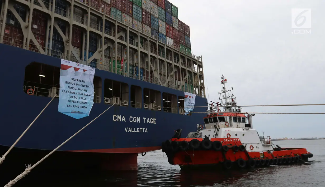 Pelepasan ekspor Indonesia ke AS menggunakan kapal besar (Direct Call) pembawa kontainer di Pelabuhan Tanjung Priok, Jakarta, Selasa (15/5). Total volume barang yang diekspor mencapai 4.300 TEUs (Twenty Foot Equivalent Units). (Liputan6.com/Angga Yuniar)