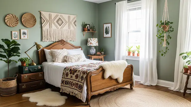 Kamar Bohemian Chic dengan Sage Green
