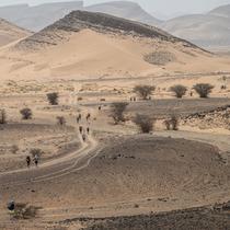 Sejumlah pelari berkompetisi pada stage pertama Marathon des Sables 2023 yang menempuh antara Jebel Irhs hingga Oued Tijekht di Gurun Sahara, Maroko, 24 April 2023. Ajang yang berlangsung dari 21 April hingga 1 Mei 2023 tersebut diikuti oleh 1200 pelari dan akan menempuh 250 km. (AFP/Jean-Philippe Ksiazek)