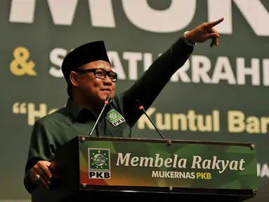 Ketua Umum PKB Muhaimin Iskandar saat memberikan arahan kepada kader PKB di JCC, Jakarta, Jumat (5/2/2016). Pemberian arahan ini adalah rangkaian Mukernas PKB yang akan dibuka nanti malam oleh Presiden RI Joko Widodo. (Liputan6.com/Johan Tallo)