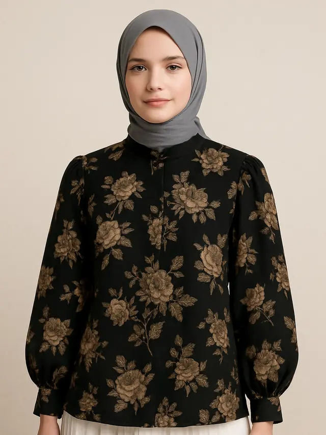 Model Kemeja Hitam Bordir Bunga