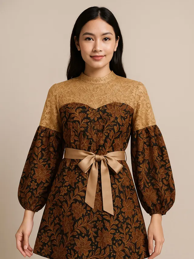 Model Tunik Batik Kombinasi Brokat Lengan Bishop
