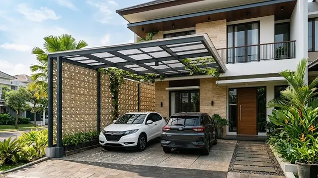 Desain Carport dengan Roster dan Kanopi Baja Ringan (AI Generated)