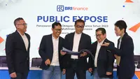 (Ki-Ka) Direktur Investment Banking Capital Market PT BRI Danareksa Sekuritas, Kevin Praharyawan, Direktur Manajemen Risiko PT BRI Multifinance Indonesia, Ari Prayuwana, Plt. Direktur Utama dan Direktur Bisnis PT BRI Multifinance Indonesia, Primartono Gunawan, Direktur Keuangan dan Operasional PT BRI Multifinance Indonesia, Willy Halim Sugiardi dan Direktur PT BCA Sekuritas, Imelda Arismunandar berbicang di sela Publix Expose penawaran umum Obligasi II BRI Finance Tahun 2023 di Jakarta (15/06/2023). (Liputan6.com)