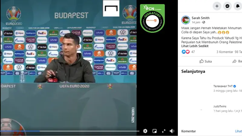 Cek Fakta Liputan6.com menelusuri klaim video Cristiano Ronaldo menggeser botol Coca-Cola karena produk Yahudi