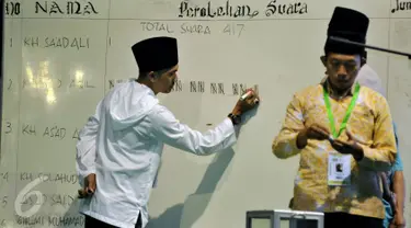 Panitia menghitung suara bakal calon ketum PBNU periode 2015-2020 pada Muktamar NU ke-33 di Jombang, Rabu (5/8/2015). Pemungutan suara bakal calon ketum PBNU tersebut diikuti 378 peserta yang terverifikasi dari 508 peserta. (Liputan6.com/Johan Tallo)