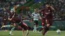 Striker Barcelona, Luis Suarez, menggiring bola saat melawan Sporting Lisbon pada laga Liga Champions di Stadion Alvalade, Lisbon, Rabu (27/9/2017). Sporting kalah 0-1 dari Barcelona. (AFP/Armando Franca)