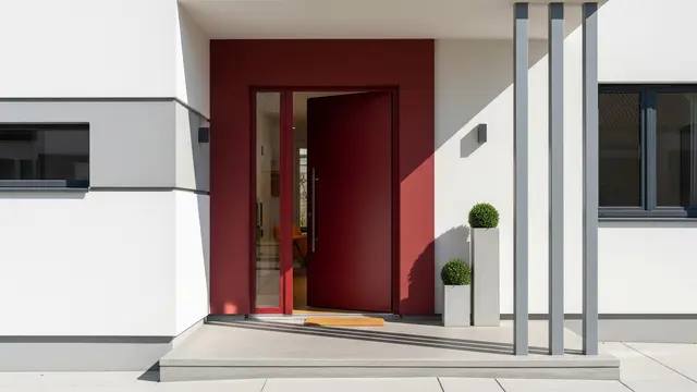 Pintu Merah Maroon dan Pilar Abu-abu