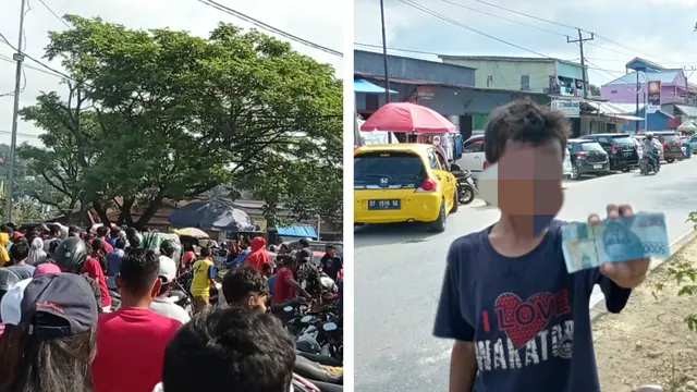 Seorang bocah memperlihatkan Rp50 ribu usai Umar Samiun melakukan aksi lempar uang di pasar.(Liputan6.com/Ahmad Akbar Fua)