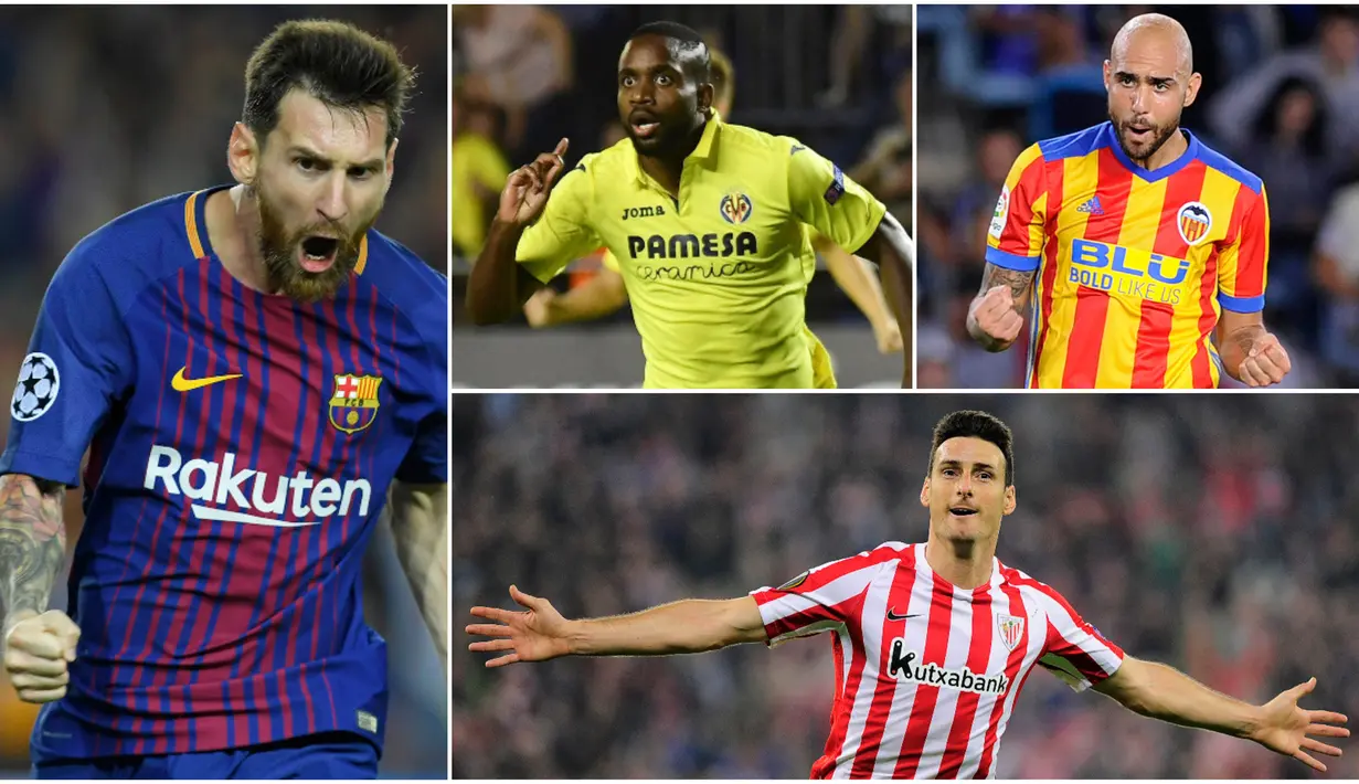 Berikut ini deretan top scorer La Liga Spanyol 2017/2018 hingga pekan ketujuh. Lionel Messi semakin menjauh dari pesaingnya di daftar pencetak gol terbanyak sementara  La Liga. (Kolase foto-foto dari AFP)