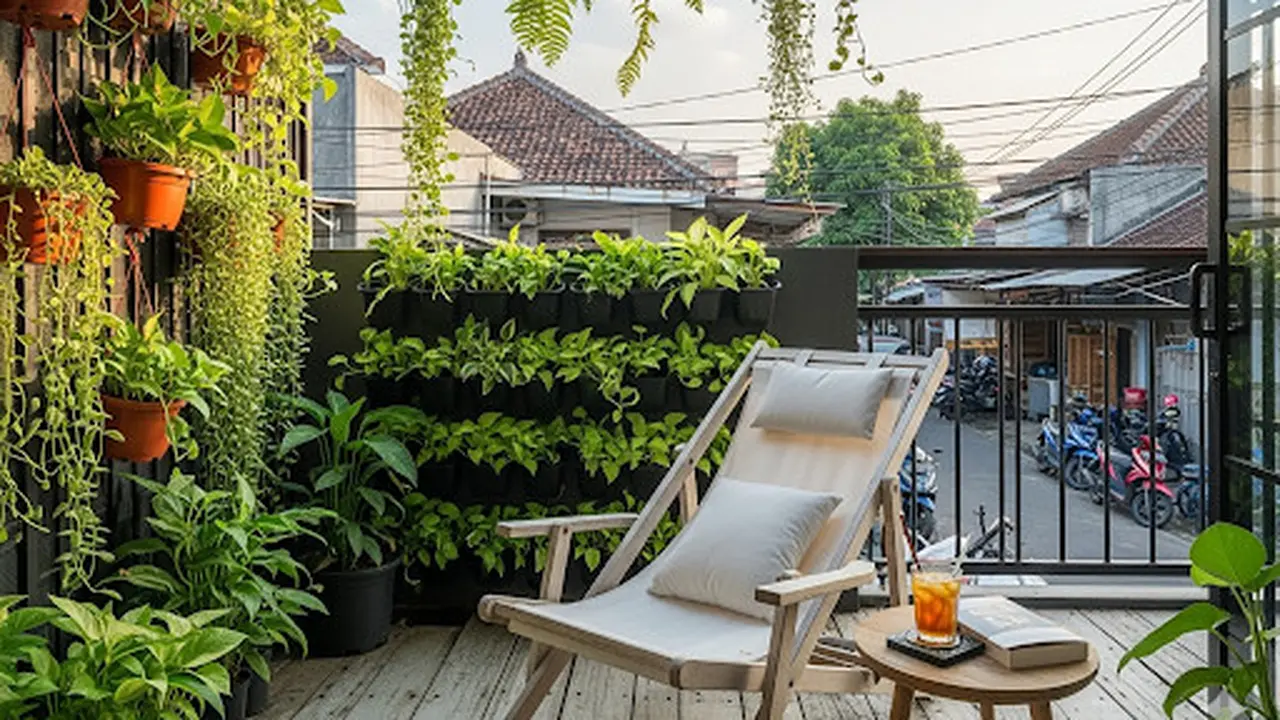 Teras Santai dengan Kursi Pantai dan Vertical Garden