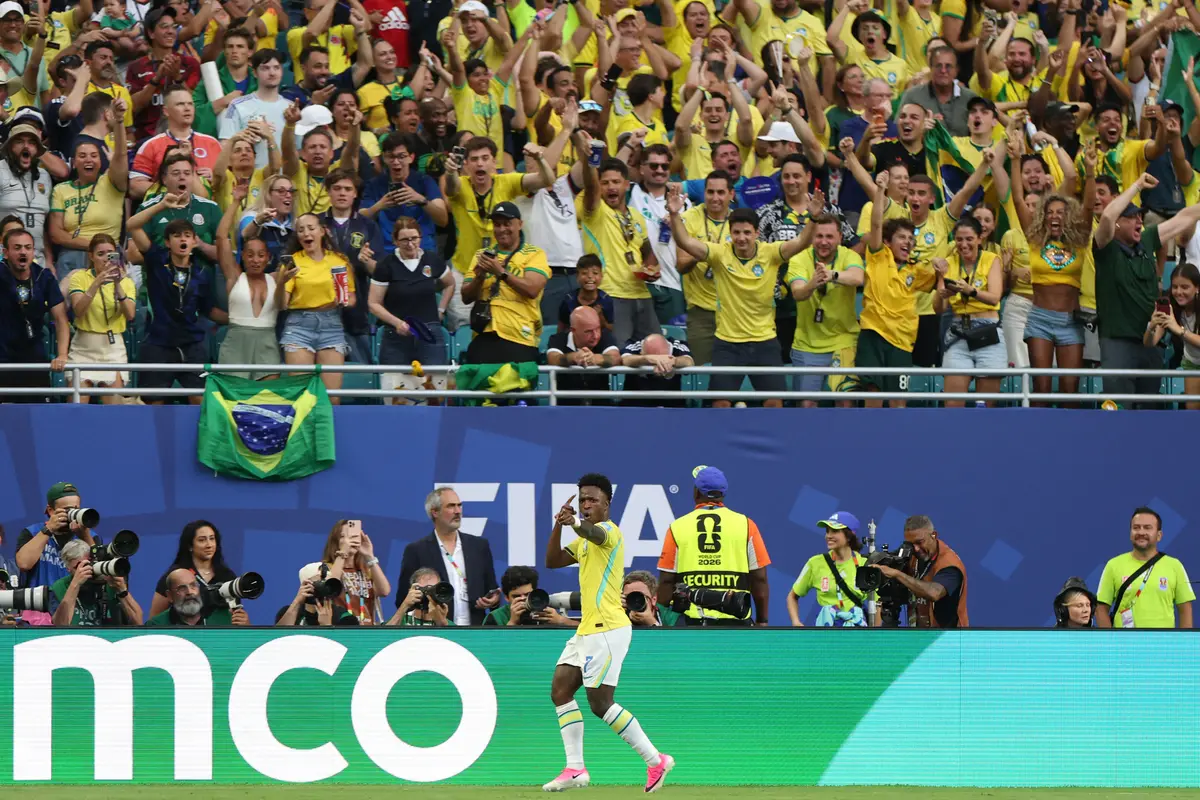 Selebrasi Vinicius Jr saat Brasil mencukur Skotlandia di Piala Dunia 2026