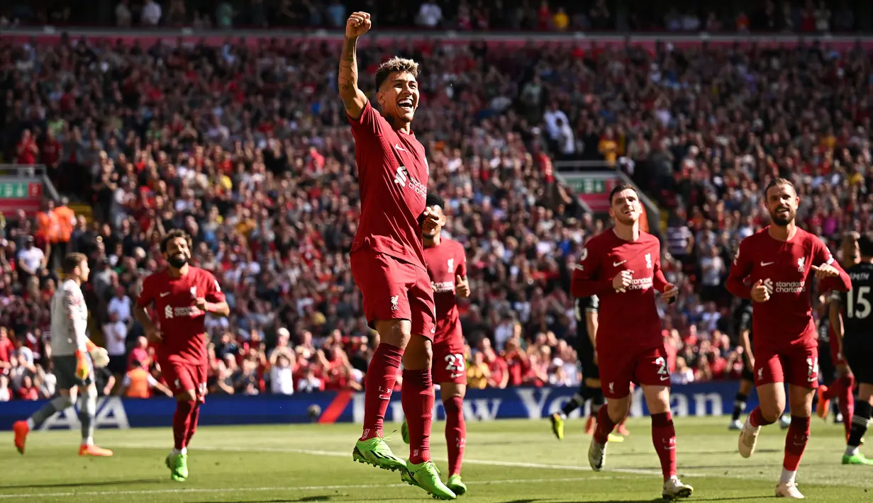 Liverpool akhirnya berhasil memetik kemenangan perdananya saat berjumpa Bournemouth pada pekan keempat Liga Inggris, Minggu (27/08/2022) malam WIB. (AFP/Oli Scarff)