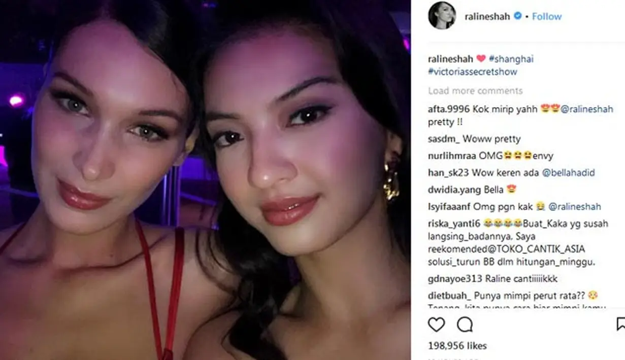 Warga net makin heboh lantaran Raline mengunggah fotonya bersama dengan model yang berlenggang di catwalk tersebut. Raline berfoto dengan Bella Hadid, salah satu model di Victoria’s Secret. (Instagram/ralineshah)