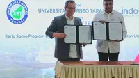 Ki-Ka: Wakil Rektor III Univesitas Borneo Tarakan M Djaya Bakri; President Director and CEO Indosat Ooredoo Hutchison, Vikram Sinha (doc: Liputan6.com/SulungLahitani)