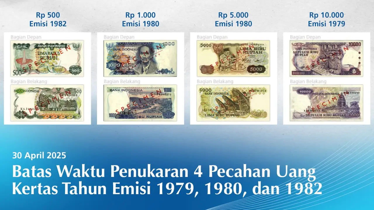 Bank Indonesia (BI) mengingatkan bagi masyarakat yang memiliki 4 pecahan uang kertas Rupiah Tahun Emisi 1979, 1980, dan 1982 untuk dapat menukarkannya di Kantor Pusat Bank Indonesia sampai dengan 30 April 2025. (Dok Bank Indonesia)