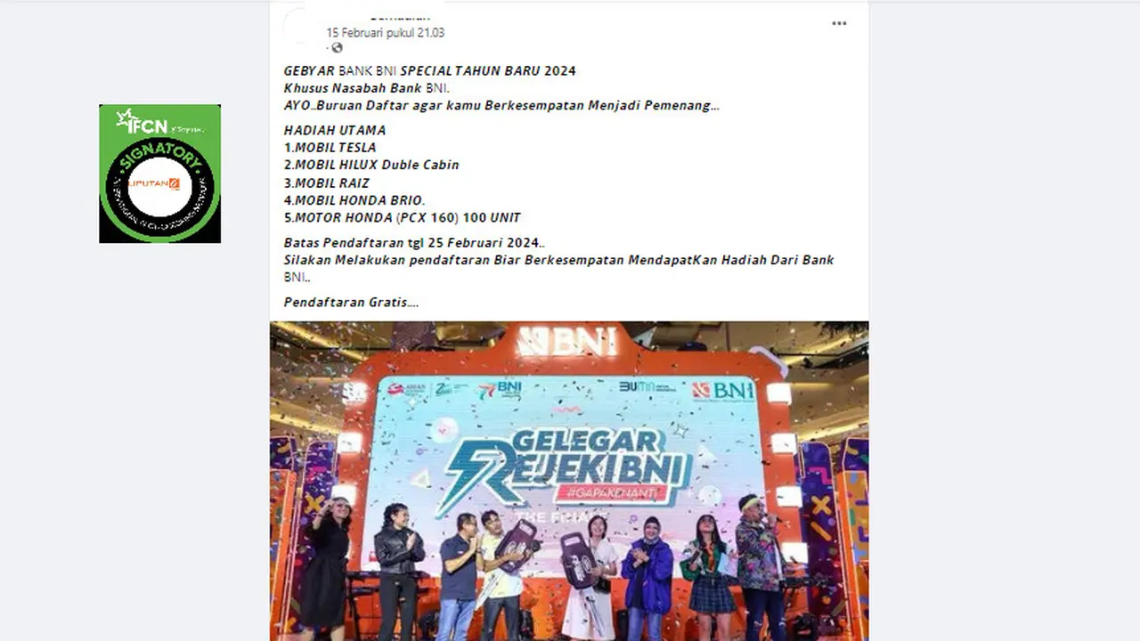 Tangkapan layar klaim pembagian hadiah lewat gebyar Bank BNI spesial tahun baru 2024