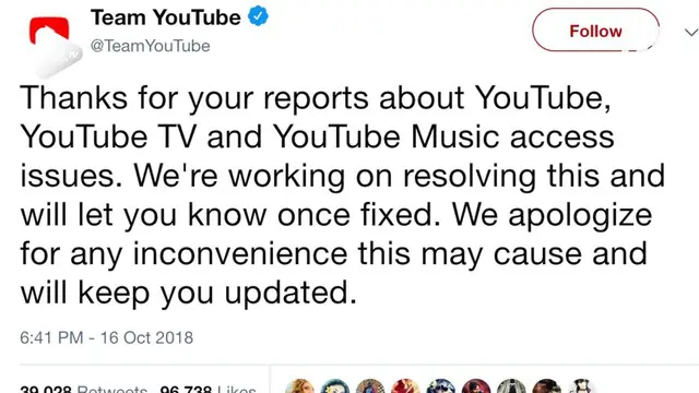 YouTube, layanan berbagi video milik Google, sempat tumbang pada Rabu (17/10/2018) pagi.