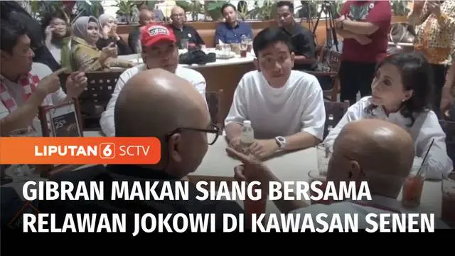 Wali Kota Solo yang juga putra Presiden Joko Widodo ikut makan siang yang digelar Relawan Jokowi di kawasan Senen, Jakarta Pusat. Meski makan siang bareng relawan yang dulu mendukung ayahnya pada dua kali pilpres, Gibran menyatakan tak ada unsur poli...