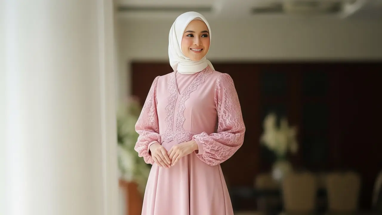 Gamis A-Line dengan Lace di Lengan & Kerah