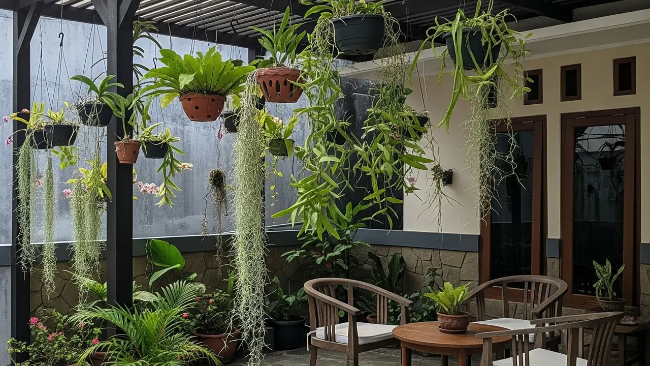 Model Teras Rumah Kecil dengan Kanopi Kayu dan Taman Gantung
