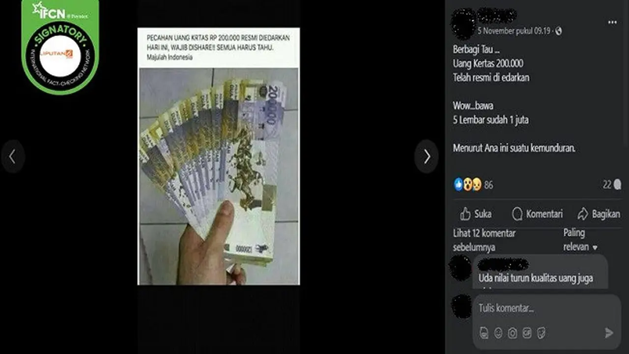 Gambar tangkapan layar foto yang diklaim uang baru pecahan Rp200 ribu. (sumber: Facebook)