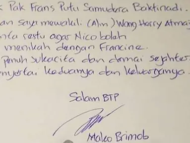 Surat Basuki Tjahaja Purnama (Ahok) saat mewakili almarhum Wong Herry Atmaja untuk merestui pernikahan Nico dengan Francine. Surat ini ditujukan kepada pak Frans Putu Samudera Baktinadi. (Instagram/@basukibtp)