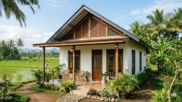 Desain Rumah Desa Atap Tinggi Agar Udara Terasa Lebih Dingin. AI