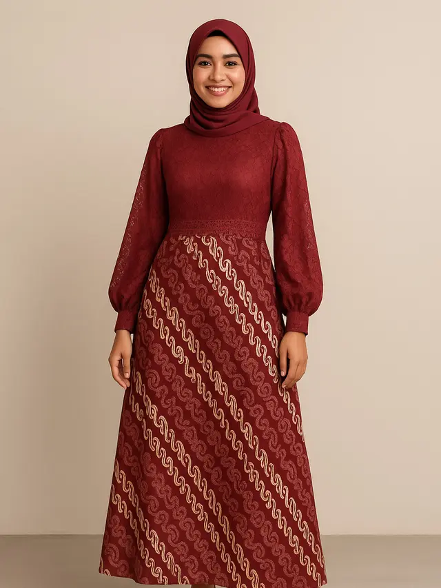 Model Long Dress Brokat Kombinasi Batik Modern Lengan Bishop/Ilustrasi Gambar AI